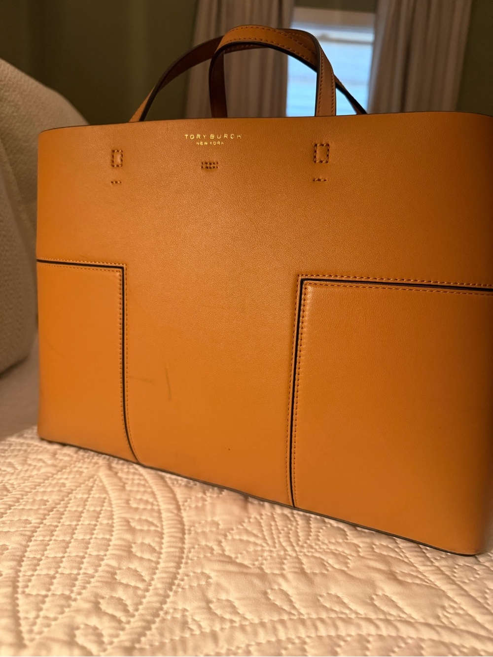 Tory Burch Caramel Tan Leather Tote with Front Slip Pockets - Picture 1 of 4
